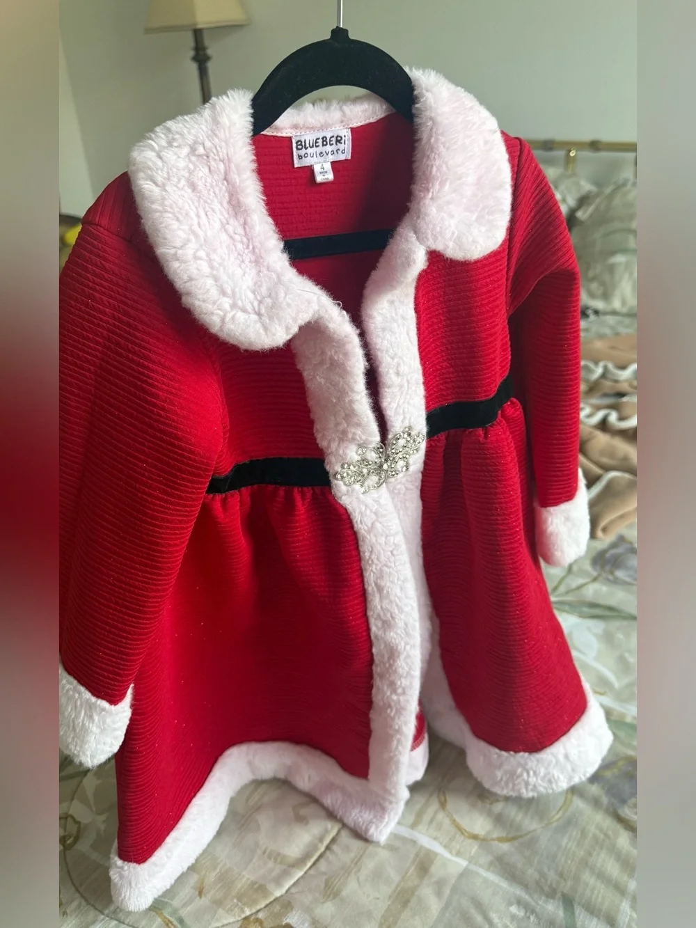 Blueberi Boulevard Red Coat with White Faux-Fur Trim and Jeweled Clasp